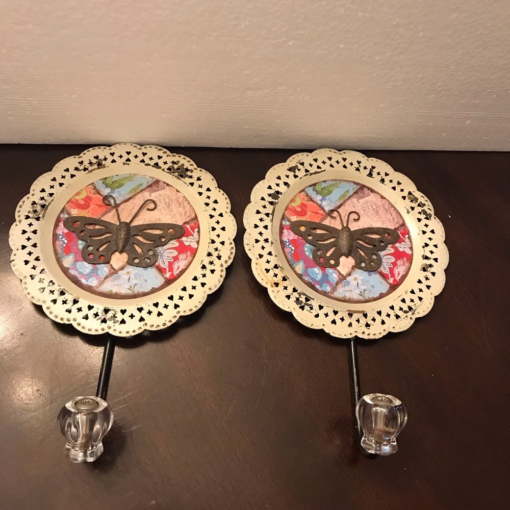 Pair Of Butterfly Wall Hooks - Cream and Brown
